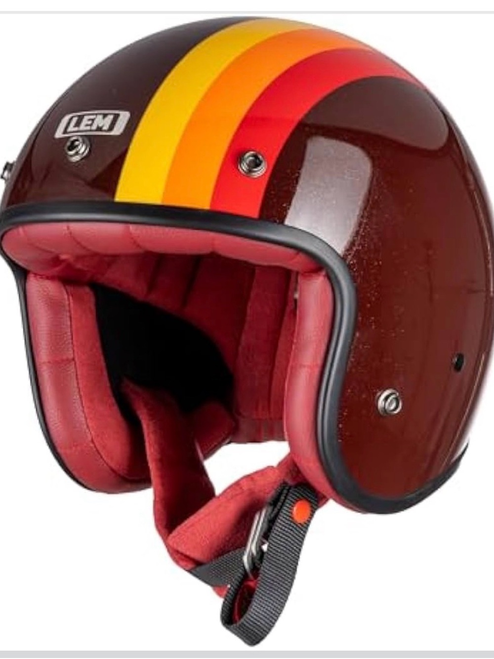 NEW LEM Retro Open-Face Helmet in Maroon + Red Orange & Yellow Stripes Small